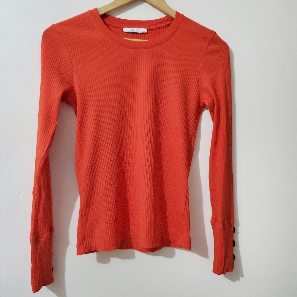 ZARA Long Sleeve Ribbed Tee Orange Size M